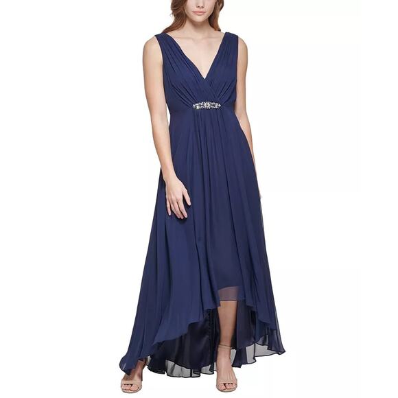 NEW ELIZA J Navy Sleeveless Pleated Embellished High-Low Gown Size 18 - Picture 1 of 9
